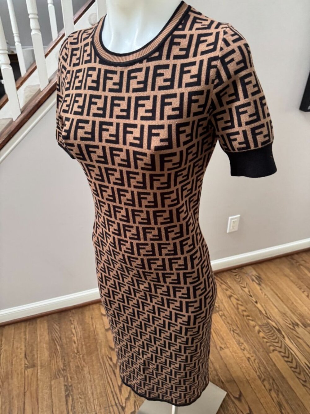 FENDI FF Forever Jacquard Knit FF Logo Midi Dress Brown Black Size 36 / 2 - Picture 2 of 5